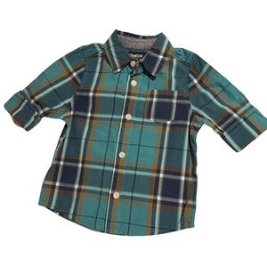 OshKosh Bgosh Baby Boys Teal Tan Plaid Button-Down Shirt, Size 18M Easter Spring